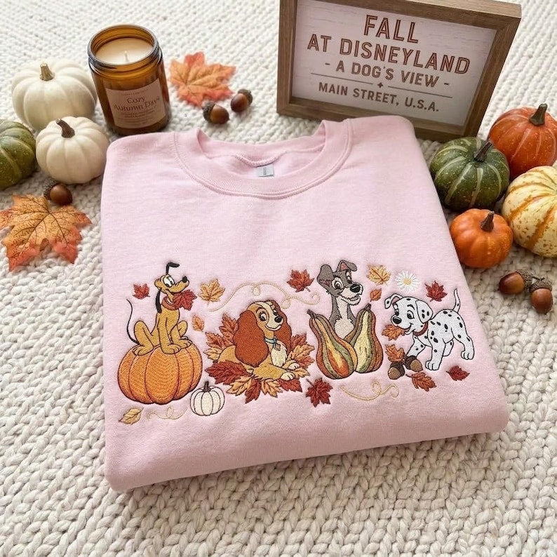 Disney Dogs Halloween Embroidered Sweatshirt, Pluto Lady Tramp Patch Autumn Pumpkin Shirt, Spooky Fall Theme Park Trip Outfit