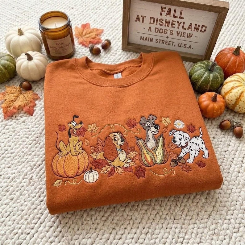 Disney Dogs Halloween Embroidered Sweatshirt, Pluto Lady Tramp Patch Autumn Pumpkin Shirt, Spooky Fall Theme Park Trip Outfit