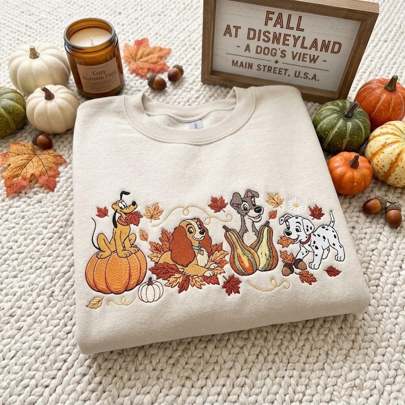 Disney Dogs Halloween Embroidered Sweatshirt, Pluto Lady Tramp Patch Autumn Pumpkin Shirt, Spooky Fall Theme Park Trip Outfit