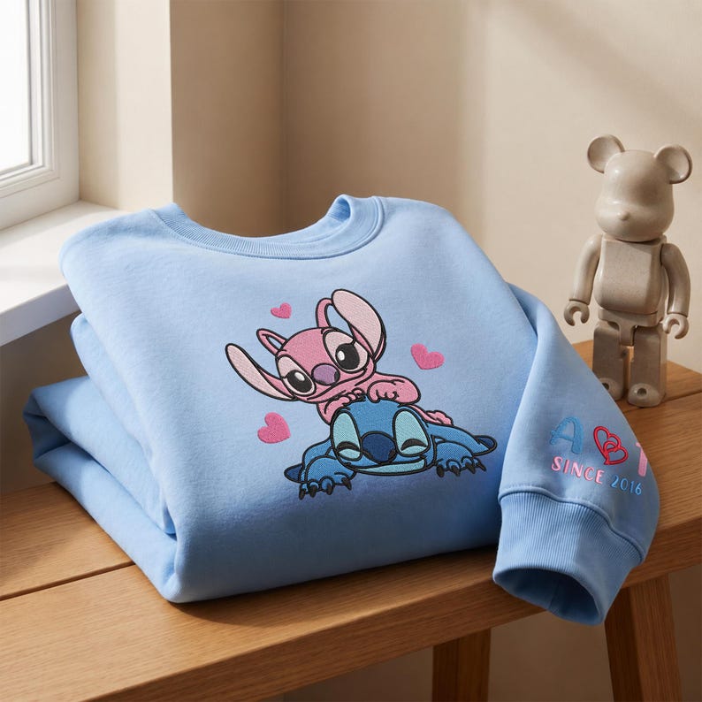 Stitch And Angel Embroidered Sweatshirt, Custom Name Embroidery Hoodie, Stitch Lover Sweater, Matching Couple, Personalized Year, Gifts