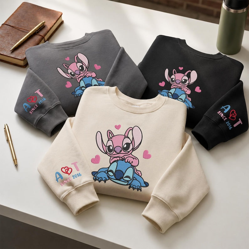 Stitch And Angel Embroidered Sweatshirt, Custom Name Embroidery Hoodie, Stitch Lover Sweater, Matching Couple, Personalized Year, Gifts
