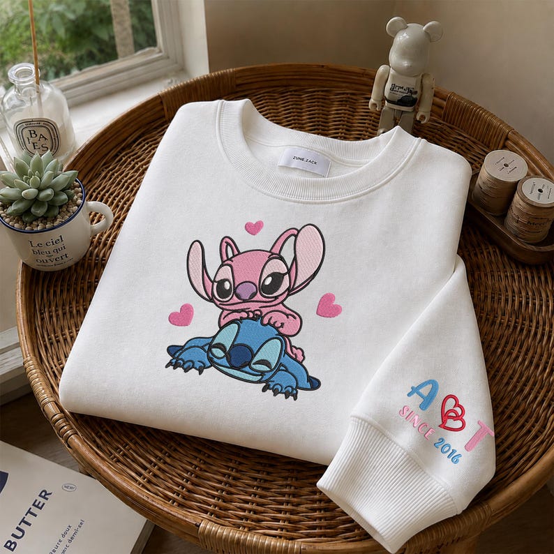 Stitch And Angel Embroidered Sweatshirt, Custom Name Embroidery Hoodie, Stitch Lover Sweater, Matching Couple, Personalized Year, Gifts