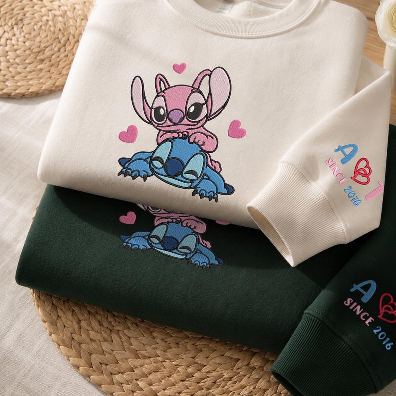 Stitch And Angel Embroidered Sweatshirt, Custom Name Embroidery Hoodie, Stitch Lover Sweater, Matching Couple, Personalized Year, Gifts