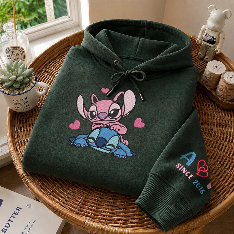 Stitch And Angel Embroidered Sweatshirt, Custom Name Embroidery Hoodie, Stitch Lover Sweater, Matching Couple, Personalized Year, Gifts