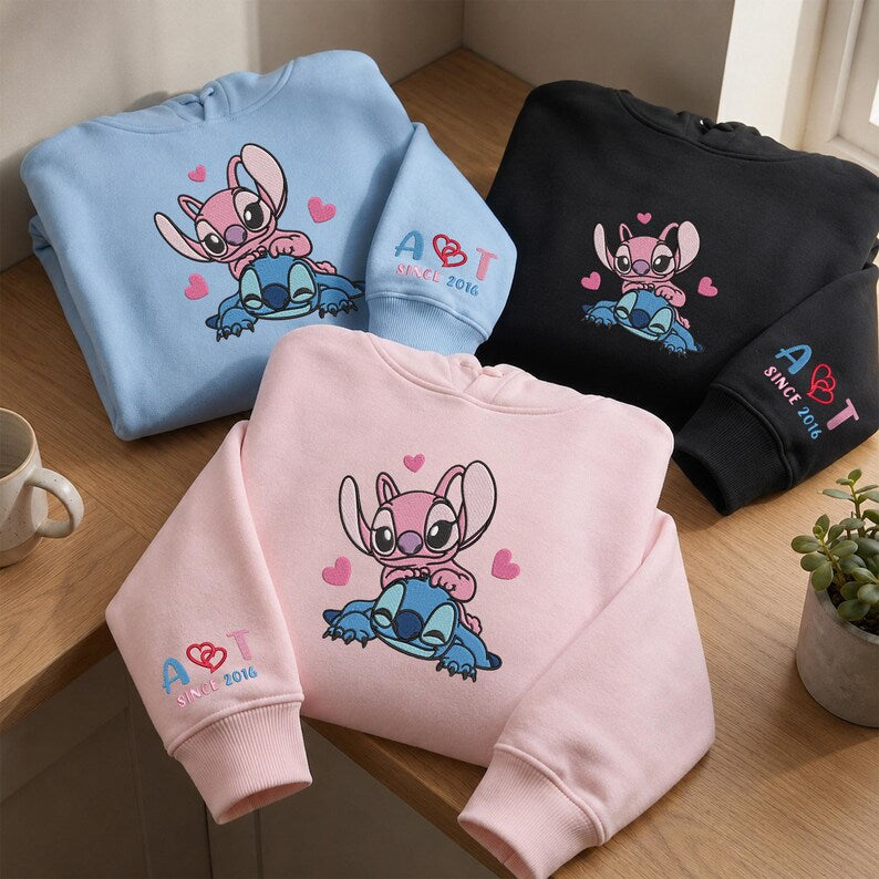 Stitch And Angel Embroidered Sweatshirt, Custom Name Embroidery Hoodie, Stitch Lover Sweater, Matching Couple, Personalized Year, Gifts