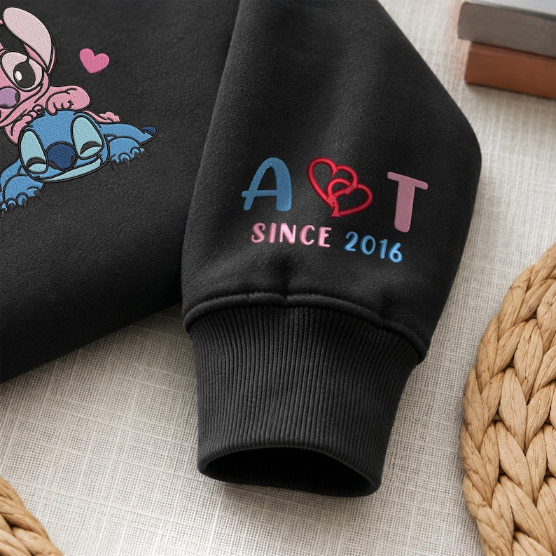 Stitch And Angel Embroidered Sweatshirt, Custom Name Embroidery Hoodie, Stitch Lover Sweater, Matching Couple, Personalized Year, Gifts