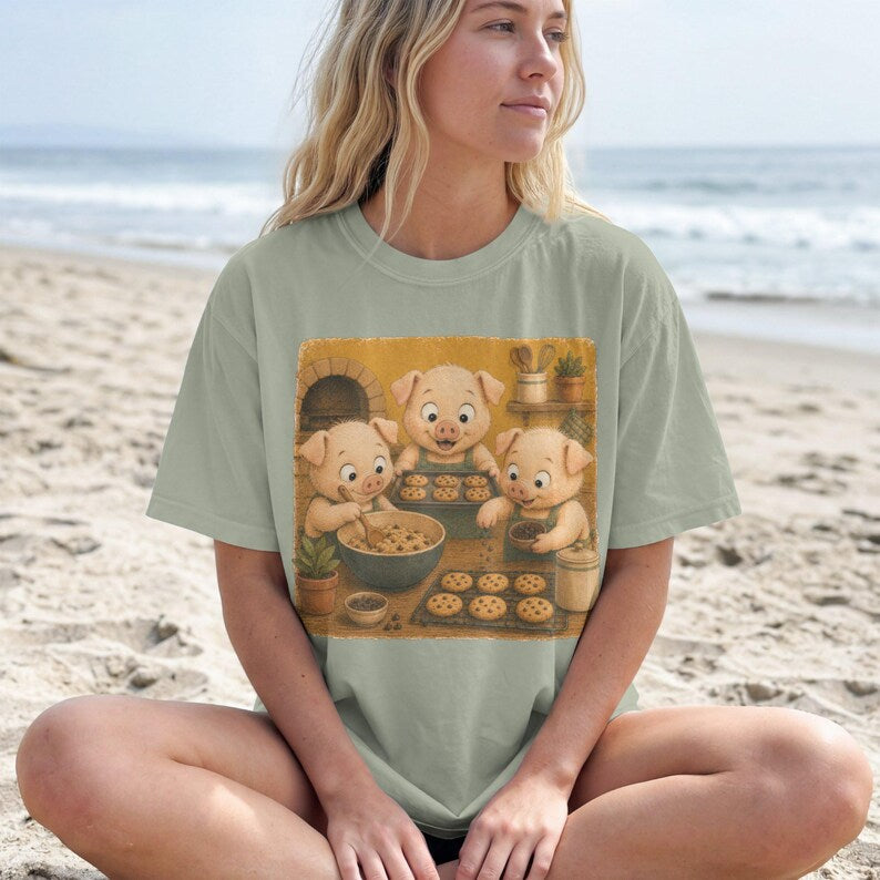 Piglet Baking Cookies T-Shirt, Cute Pig Baker Kitchen Graphic, Funny Farm Animal Tee, Comfort Colors® Baker Gift