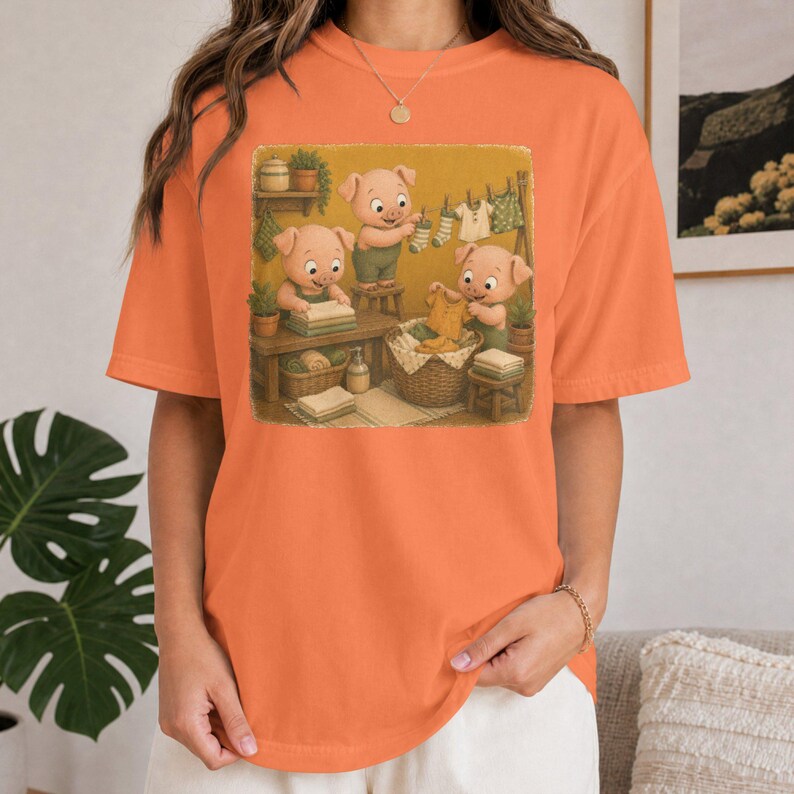 Piglet Laundry T-Shirt, Cute Pigs Washing Folding Clothes Graphic, Funny Housework Tee, Comfort Colors® Laundry Day Gift