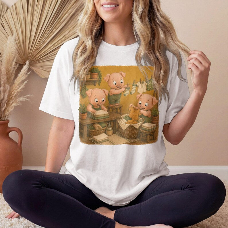 Piglet Laundry T-Shirt, Cute Pigs Washing Folding Clothes Graphic, Funny Housework Tee, Comfort Colors® Laundry Day Gift
