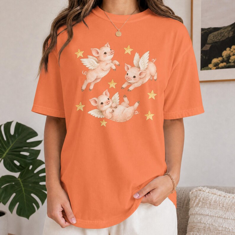 Flying Pig T-Shirt, Cute Winged Piglet Graphic, Whimsical Farm Animal Tee, Comfort Colors® Pig Lover Gift