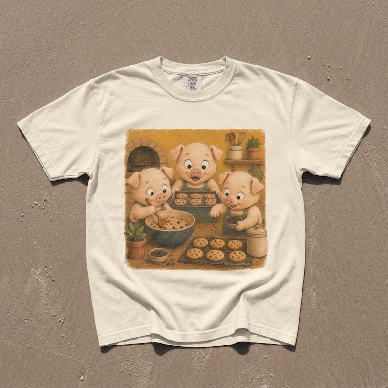 Piglet Baking Cookies T-Shirt, Cute Pig Baker Kitchen Graphic, Funny Farm Animal Tee, Comfort Colors® Baker Gift