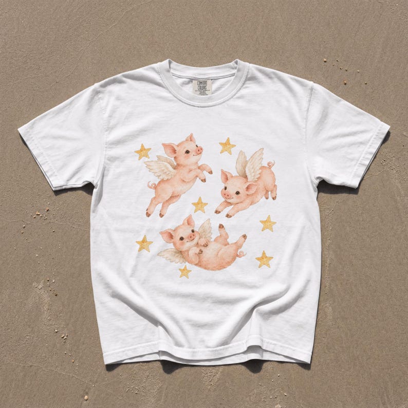 Flying Pig T-Shirt, Cute Winged Piglet Graphic, Whimsical Farm Animal Tee, Comfort Colors® Pig Lover Gift