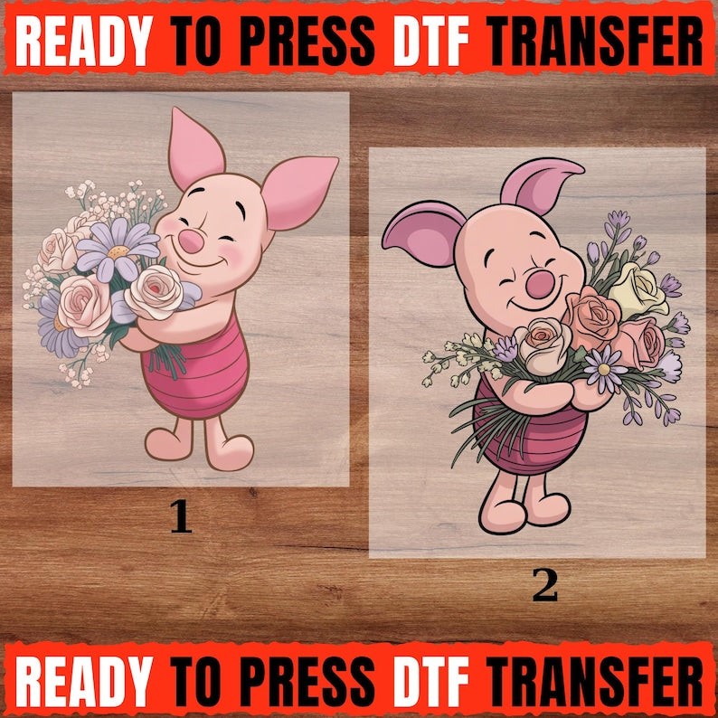 Piglet Flowers DTF Transfer, Cute Piglet Floral Bouquet Design, Spring Flower Ready to Press DTF Transfer