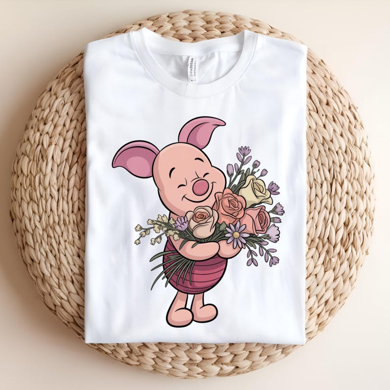 Piglet Flowers DTF Transfer, Cute Piglet Floral Bouquet Design, Spring Flower Ready to Press DTF Transfer