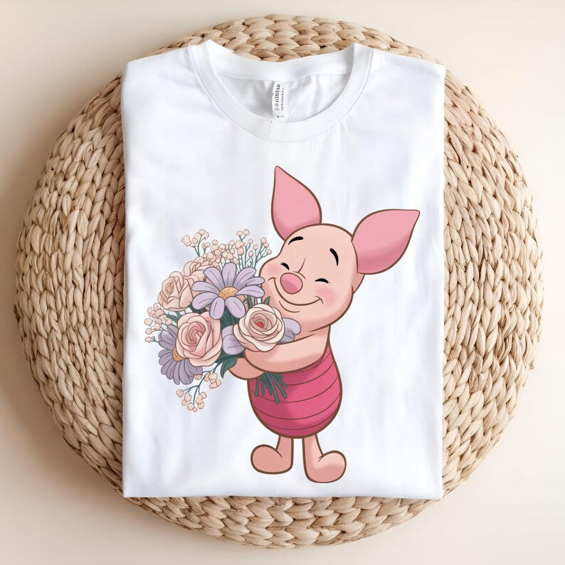 Piglet Flowers DTF Transfer, Cute Piglet Floral Bouquet Design, Spring Flower Ready to Press DTF Transfer