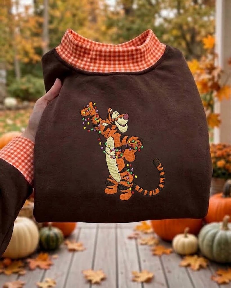 Pooh & Friends Christmas Embroidered Gingham Sweatshirt, Winnie the Pooh Piglet Tigger Eeyore Holiday Crewneck, Disney Christmas Shirt