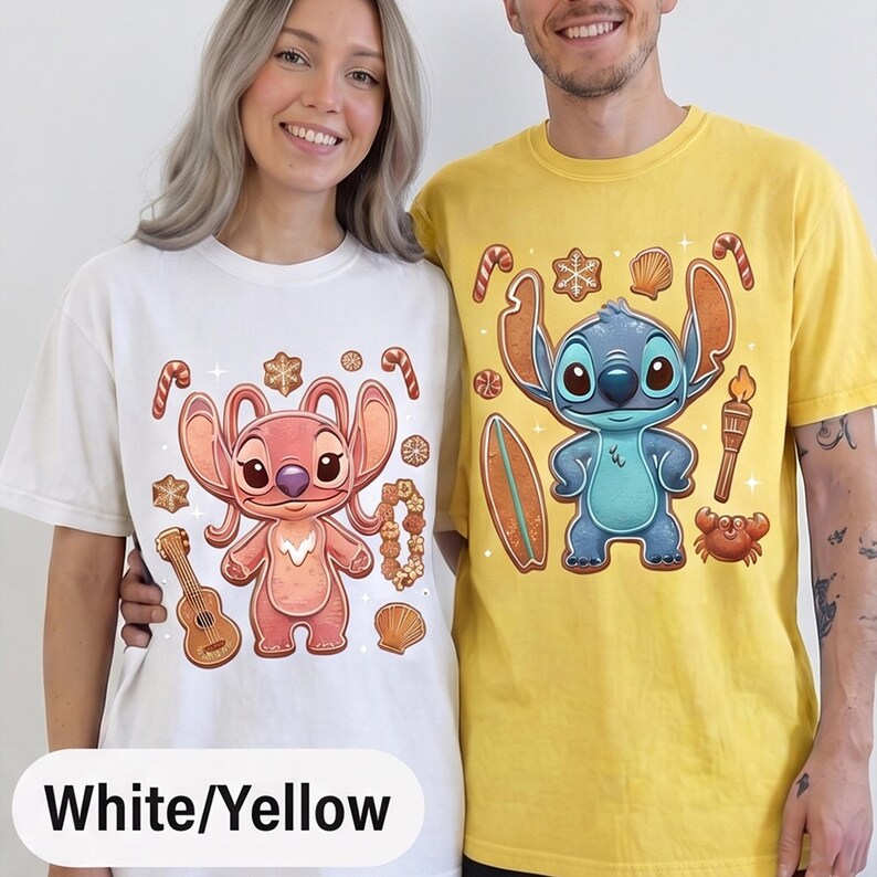 Stitch and Angel Gingerbread Christmas Couple T-Shirt, Lilo & Stitch Holiday Tee, Disney Christmas Shirt, Cute Gift for Kids