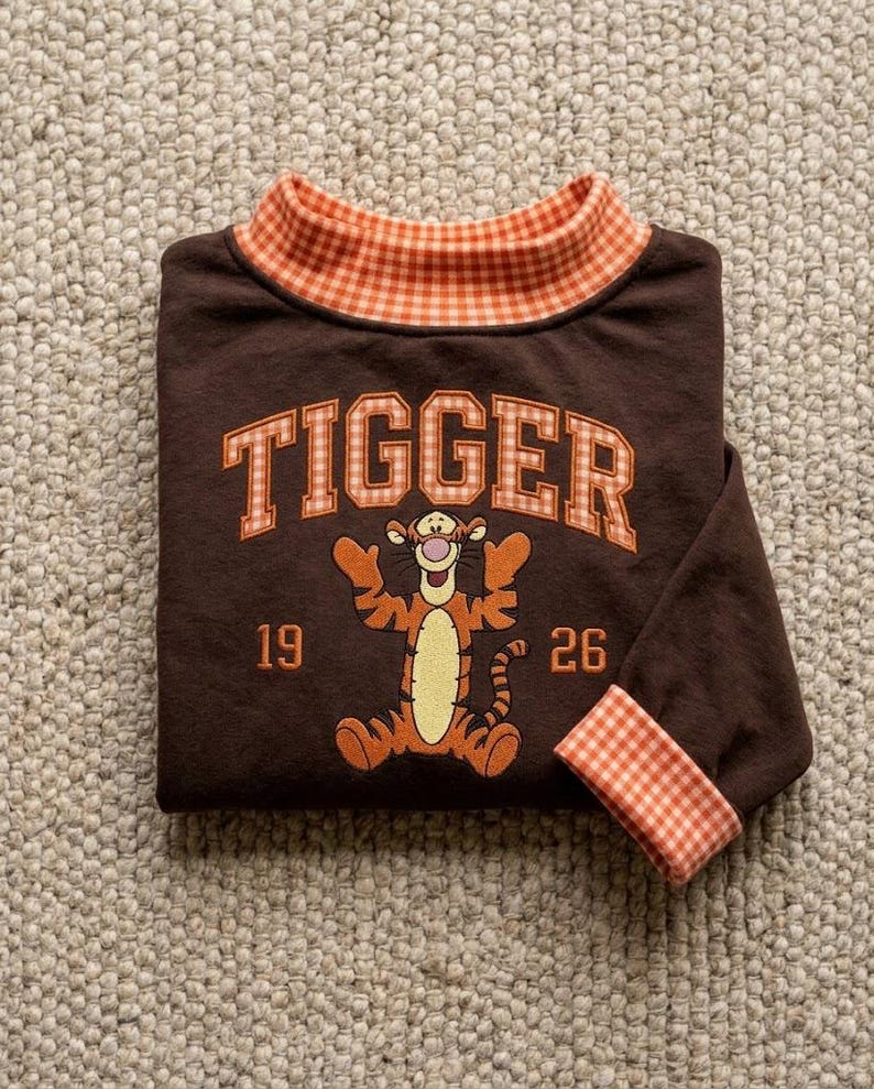 Embroidered Pooh & Friends Gingham Applique Mock Neck Sweatshirt, Piglet Eeyore Tigger Crewneck, Disney Inspired Group Shirt
