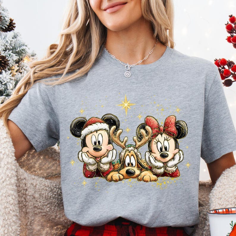 Disney Christmas Shirt, Mickey Minnie and Pluto Holiday Tee, Vintage Magical Character Short Sleeve Shirt, Family Vacation Gift