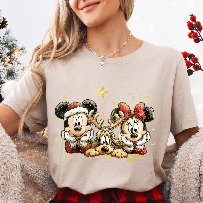 Disney Christmas Shirt, Mickey Minnie and Pluto Holiday Tee, Vintage Magical Character Short Sleeve Shirt, Family Vacation Gift