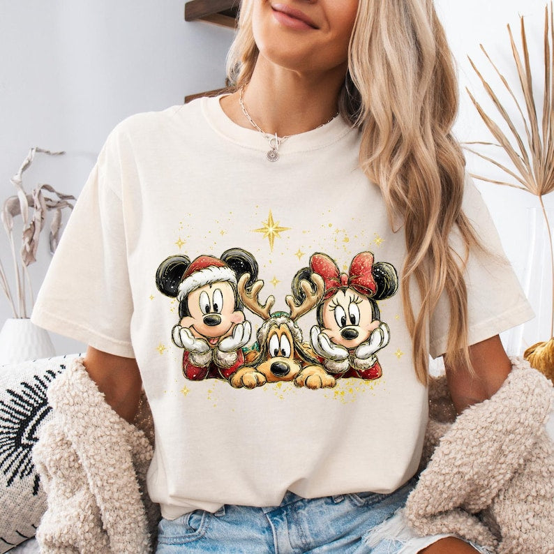 Disney Christmas Shirt, Mickey Minnie and Pluto Holiday Tee, Vintage Magical Character Short Sleeve Shirt, Family Vacation Gift