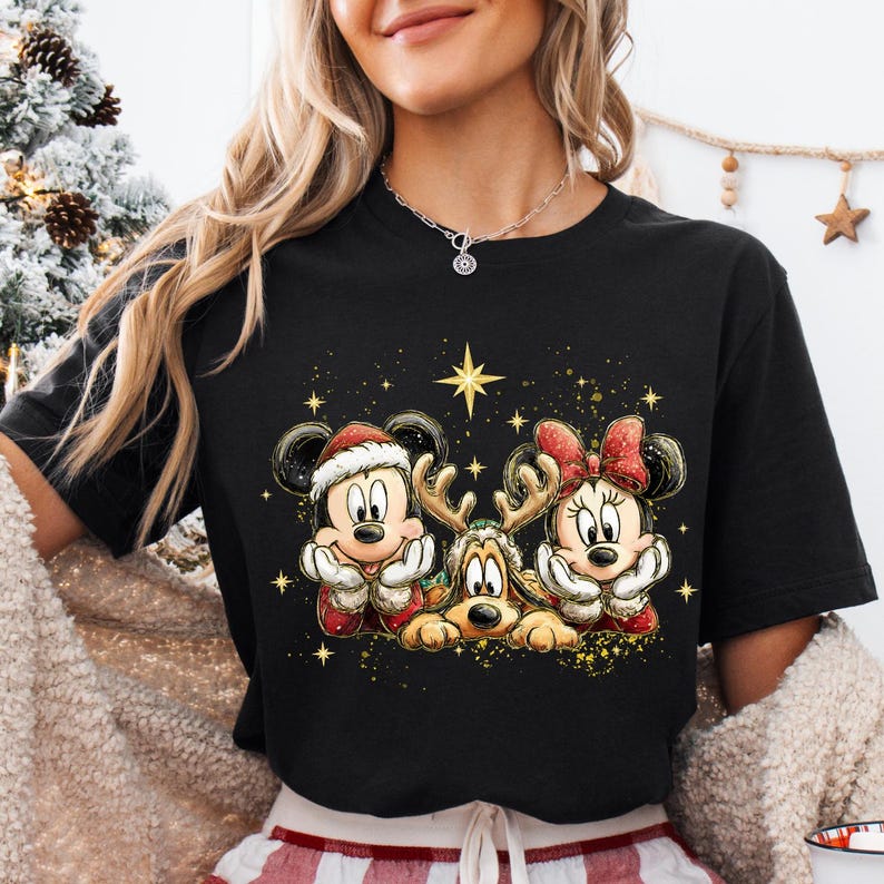 Disney Christmas Shirt, Mickey Minnie and Pluto Holiday Tee, Vintage Magical Character Short Sleeve Shirt, Family Vacation Gift