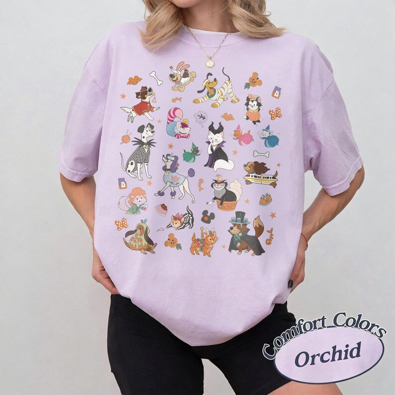 Retro 90s Disney Pets Costume Halloween Shirt, Disney Dogs Cats Group Halloween Tee, Pluto Marie Figaro Cheshire Cat Max Pongo Perdita Shirt