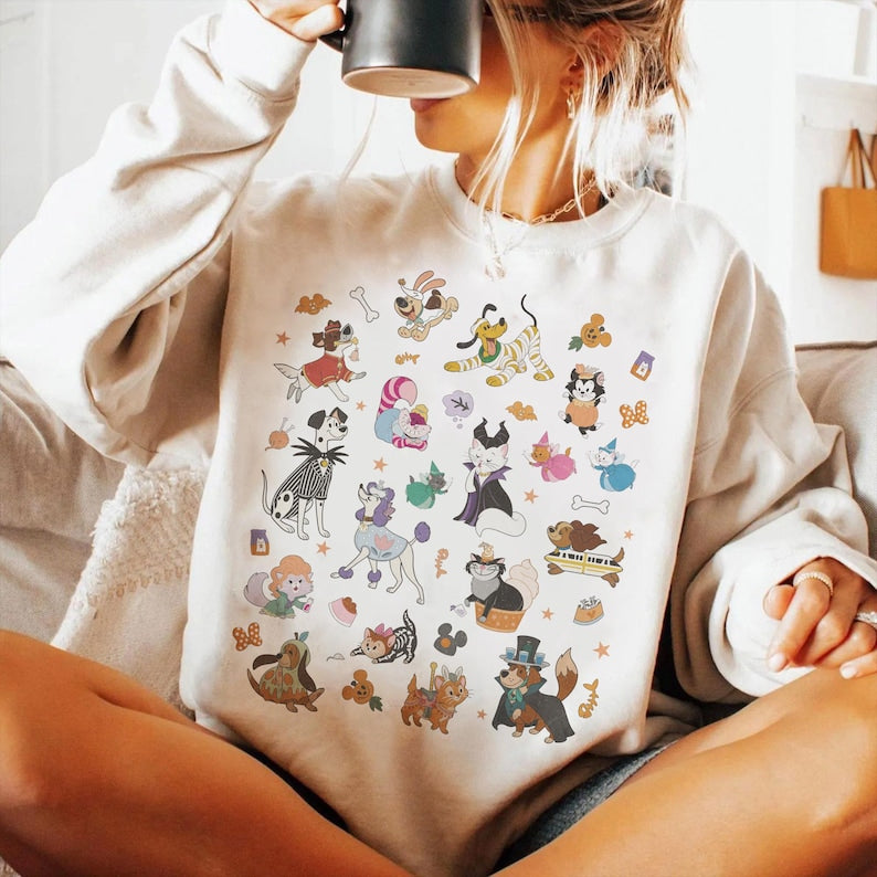 Retro 90s Disney Pets Costume Halloween Shirt, Disney Dogs Cats Group Halloween Tee, Pluto Marie Figaro Cheshire Cat Max Pongo Perdita Shirt