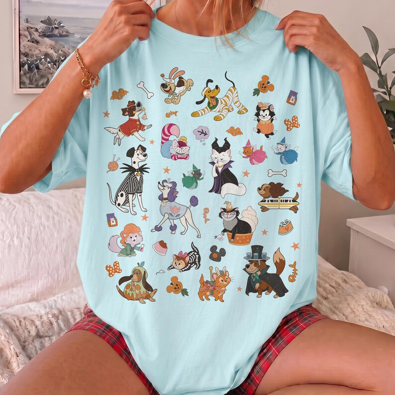 Retro 90s Disney Pets Costume Halloween Shirt, Disney Dogs Cats Group Halloween Tee, Pluto Marie Figaro Cheshire Cat Max Pongo Perdita Shirt