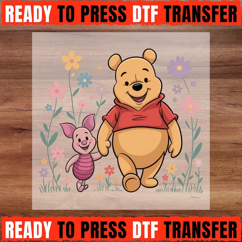 Winnie the Pooh DTF Transfer, Pooh and Piglet Ready to Press, Floral Disney Shirt Transfer, Cute Friendship DTF, Spring Pooh DTF