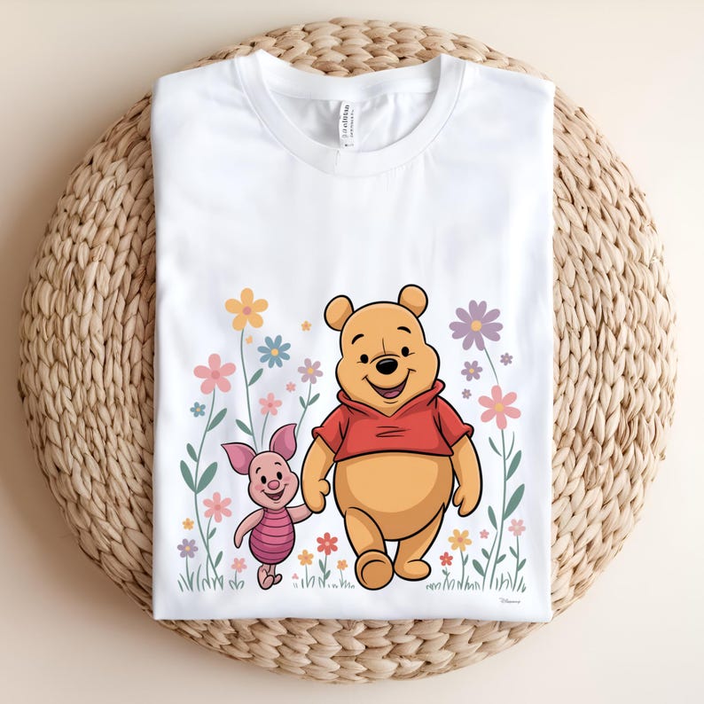 Winnie the Pooh DTF Transfer, Pooh and Piglet Ready to Press, Floral Disney Shirt Transfer, Cute Friendship DTF, Spring Pooh DTF