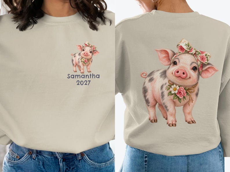 Custom Mini Pig T-Shirt Personalized Floral Piglet Shirt, Cute Farm Animal Sweatshirt, Birthday Gift Long Sleeve Hoodie for Pig Lovers