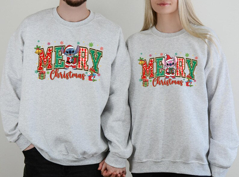 Stitch and Angel Christmas Sweatshirt Cute Couple Xmas Sweatshirt Santa Stitch Matching Family Sweatshirt Xmas Gift Hooneymoon Sweatshirt