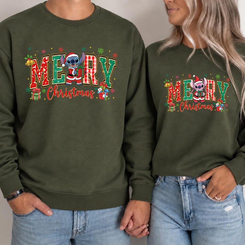 Stitch and Angel Christmas Sweatshirt Cute Couple Xmas Sweatshirt Santa Stitch Matching Family Sweatshirt Xmas Gift Hooneymoon Sweatshirt