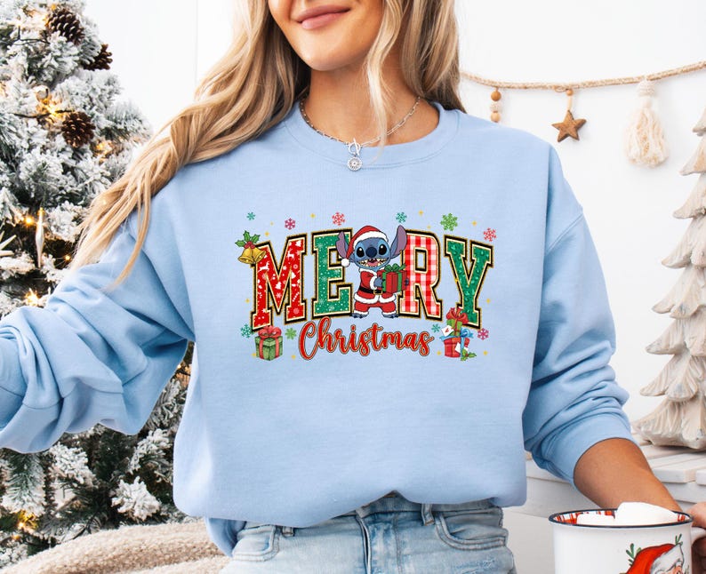 Stitch and Angel Christmas Sweatshirt Cute Couple Xmas Sweatshirt Santa Stitch Matching Family Sweatshirt Xmas Gift Hooneymoon Sweatshirt