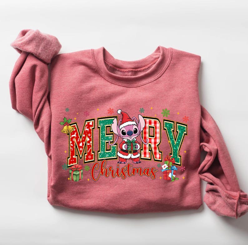 Stitch and Angel Christmas Sweatshirt Cute Couple Xmas Sweatshirt Santa Stitch Matching Family Sweatshirt Xmas Gift Hooneymoon Sweatshirt