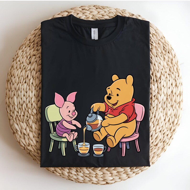 Winnie the Pooh and Piglet DTF Transfer, Pooh Tea Party Ready to Press Transfer, Cute Friendship Cartoon Shirt Design
