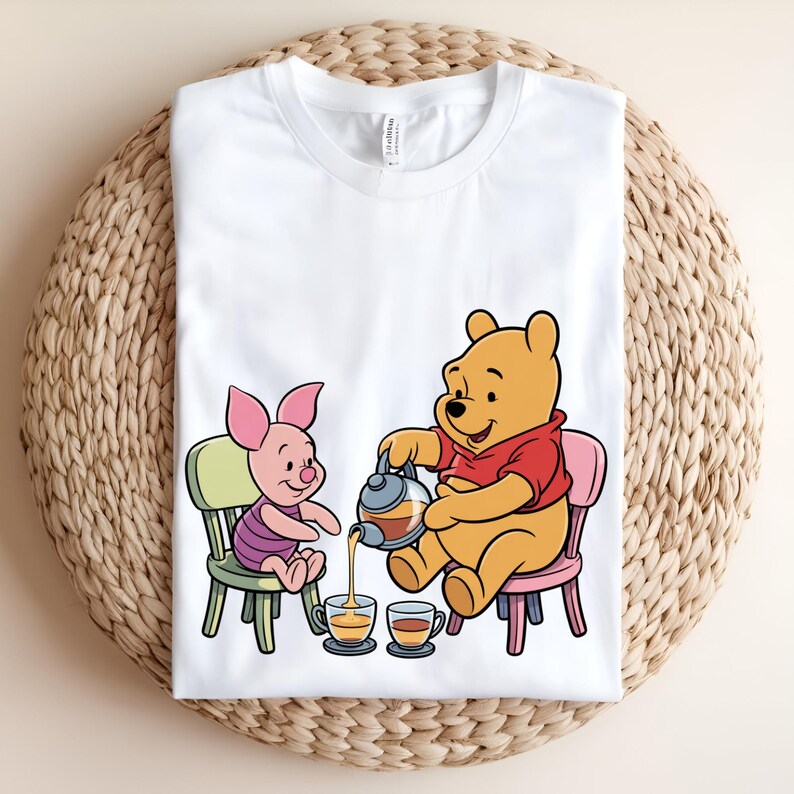 Winnie the Pooh and Piglet DTF Transfer, Pooh Tea Party Ready to Press Transfer, Cute Friendship Cartoon Shirt Design