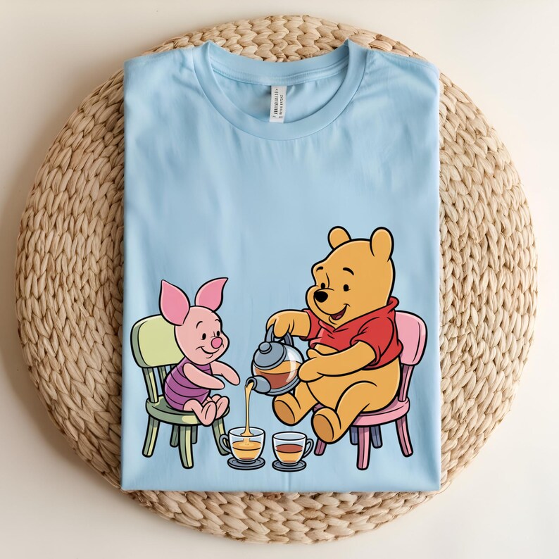 Winnie the Pooh and Piglet DTF Transfer, Pooh Tea Party Ready to Press Transfer, Cute Friendship Cartoon Shirt Design