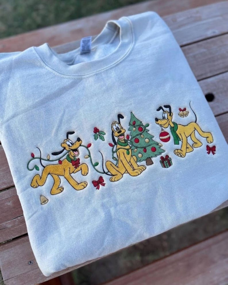 Pluto Christmas Embroidered Sweatshirt, Pluto Decorating Christmas Tree Crewneck, Disney Holiday T-shirt, Cute Xmas Gift