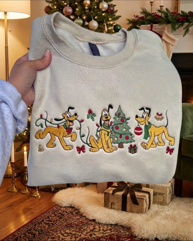 Pluto Christmas Embroidered Sweatshirt, Pluto Decorating Christmas Tree Crewneck, Disney Holiday T-shirt, Cute Xmas Gift