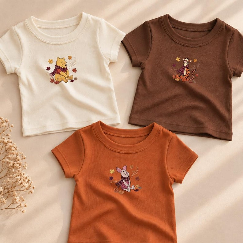 Embroidered Winnie Pooh Baby Tee, Fall Disney Inspired Shirt, Autumn Pooh Bear Tigger Piglet Shirt, Cute Halloween Thanksgiving Outfit