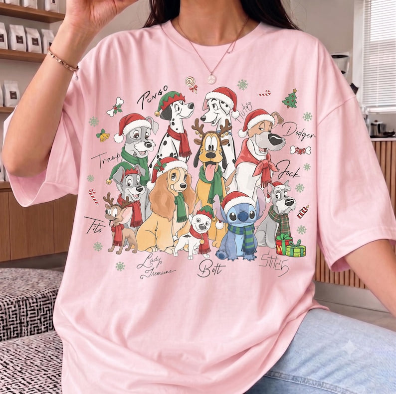 Retro Disney Dogs Signature Christmas Group Comfort Color Shirt, Lady and the Tramp Pluto Stitch Pongo Xmas Tee, Disney Pet Lover Christmas