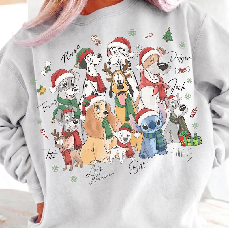 Retro Disney Dogs Signature Christmas Group Comfort Color Shirt, Lady and the Tramp Pluto Stitch Pongo Xmas Tee, Disney Pet Lover Christmas