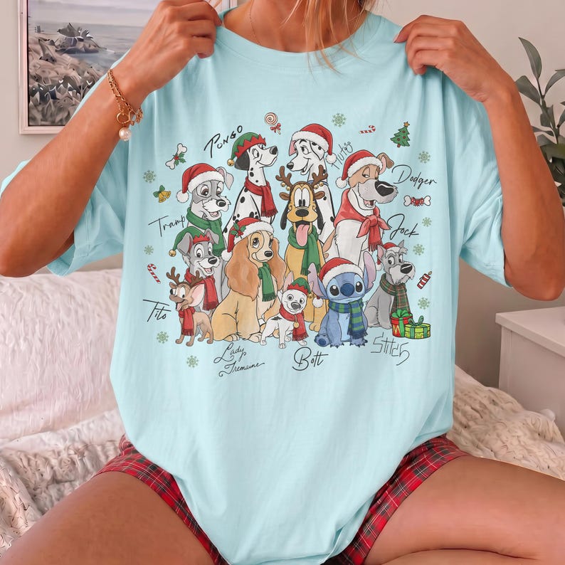 Retro Disney Dogs Signature Christmas Group Comfort Color Shirt, Lady and the Tramp Pluto Stitch Pongo Xmas Tee, Disney Pet Lover Christmas