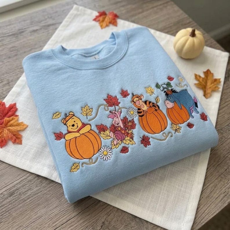 Winnie the Pooh Halloween Embroidered Sweatshirt, Pooh Piglet Tigger Eeyore Fall T-shirt, Pumpkin Embroidery Crewneck, Cozy Autumn Spooky