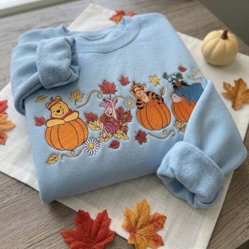 Winnie the Pooh Halloween Embroidered Sweatshirt, Pooh Piglet Tigger Eeyore Fall T-shirt, Pumpkin Embroidery Crewneck, Cozy Autumn Spooky
