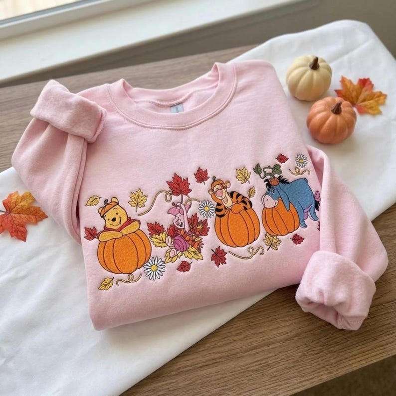 Winnie the Pooh Halloween Embroidered Sweatshirt, Pooh Piglet Tigger Eeyore Fall T-shirt, Pumpkin Embroidery Crewneck, Cozy Autumn Spooky