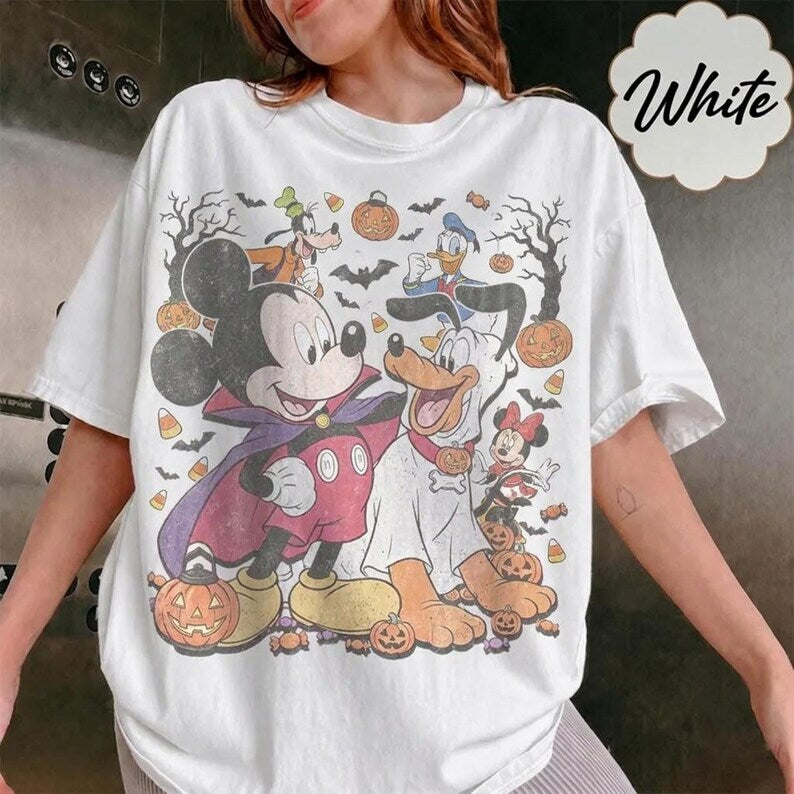 Retro Disney Halloween Party Vampire Mickey Ghost Pluto T-Shirt, Vintage Spooky Season Pumpkin Friends Trick or Treat Black Unisex Tee