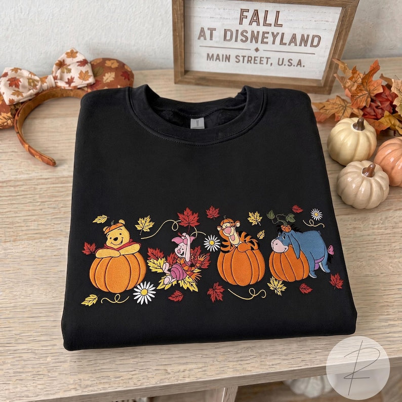 Winnie the Pooh Halloween Embroidered Sweatshirt, Pooh Piglet Tigger Eeyore Fall T-shirt, Pumpkin Embroidery Crewneck, Cozy Autumn Spooky